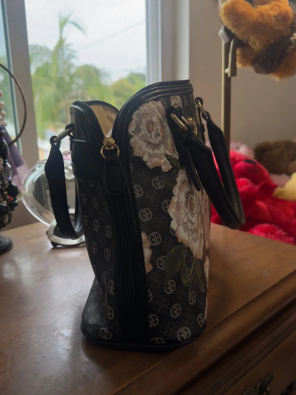 Giani Bernini Black Floral Satchel with Cream Roses